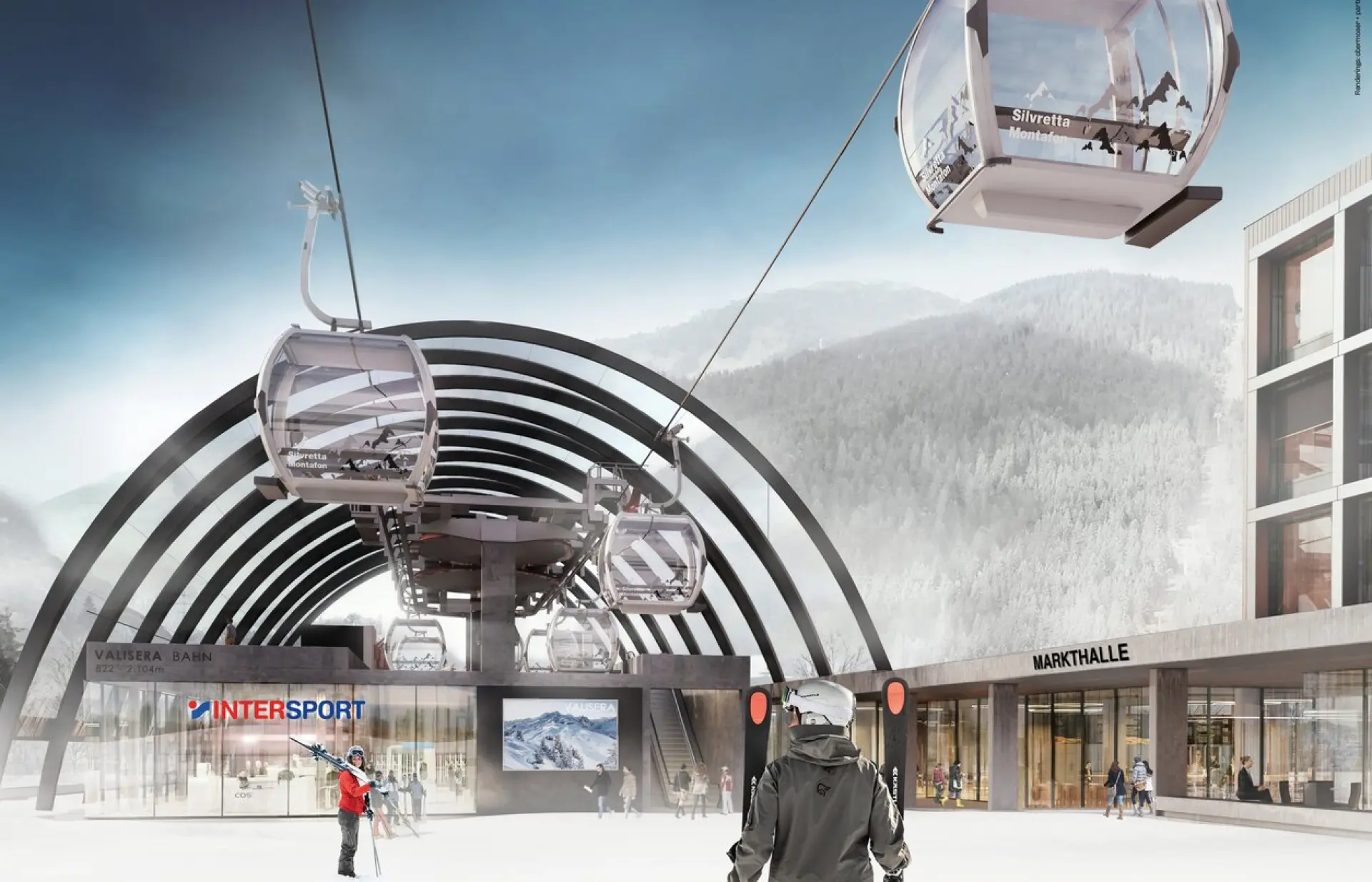 Skilifte ragen vor einer verschneiten Bergkulisse empor, während Skifahrer auf einer weißen Plattform in der Nähe stehen. Moderne Gebäude umrahmen die lebhafte Winterszene.