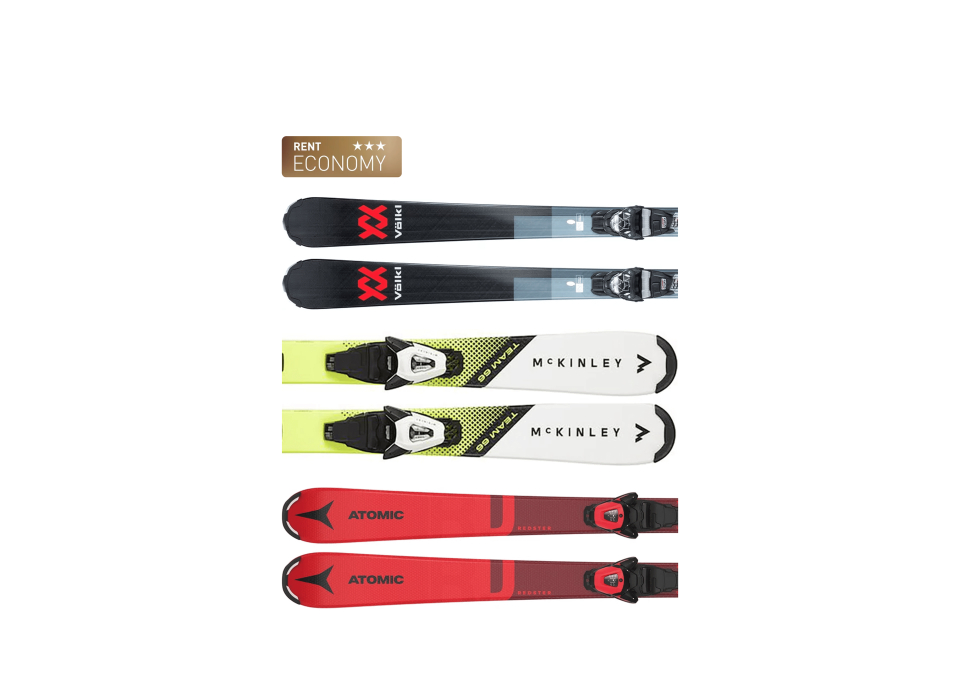 Three pairs of skis are displayed vertically. The top pair is black and gray, the middle pair is yellow and white, and the bottom pair is red and black.