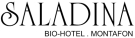 Stilisiertes Textlogo für das Saladina Bio-Hotel Montafon mit eleganter schwarzer Serifenschrift auf weißem Hintergrund, das Raffinesse und umweltfreundlichen Luxus vermittelt.
