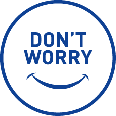 Blue circle with "Don't Worry" text and smile icon, positive thinking and mental health concept.