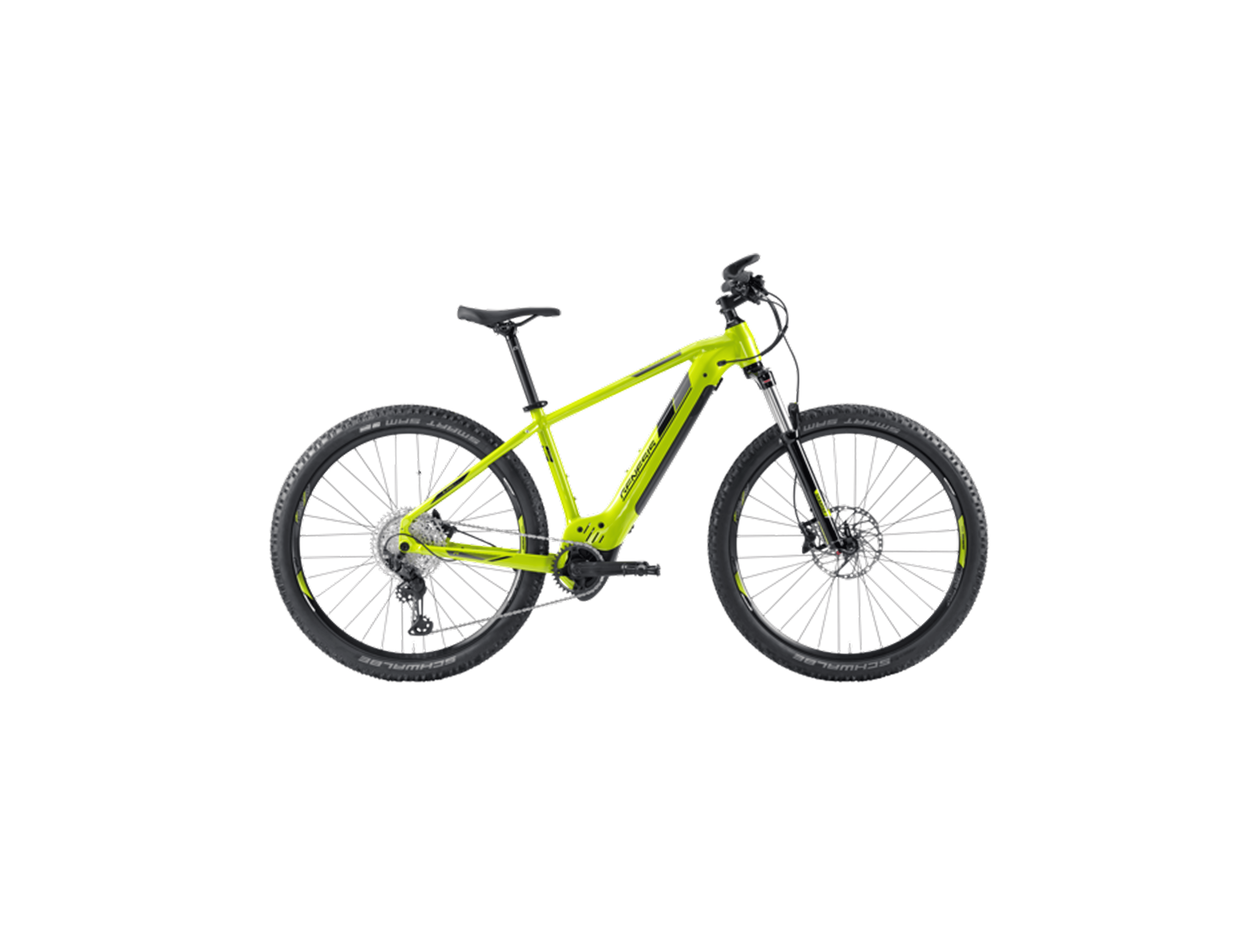 A bright green mountain bike with thick black tires, a sturdy frame, and a comfortable black seat, set against a plain white background.