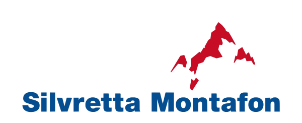 Das Logo von Silvretta Montafon zeigt eine stilisierte rote Bergsilhouette über blauem Text. Das Design vermittelt Abenteuerlust und alpine Atmosphäre.