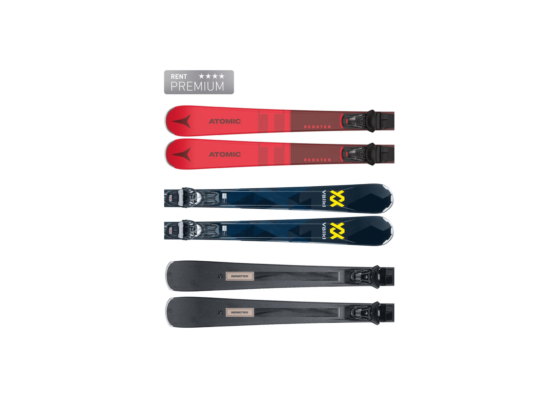 Drei Paar Ski sind vertikal ausgestellt. Das oberste Paar ist rot, das mittlere ist blau mit einem gelben Logo und das unterste ist schwarz und trägt die Aufschrift „Gent Premium“.