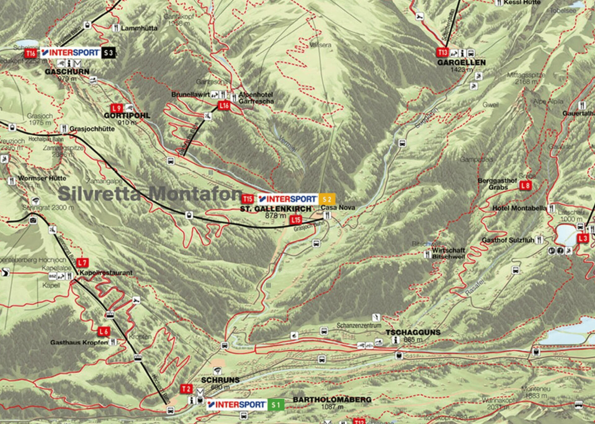 Karte des Skigebiets Silvretta Montafon mit Pisten, Liften und wichtigen Orten wie Gantier, Garfrescha und St. Gallenkirch. Das Gelände erscheint bergig.