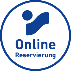 Blue circular logo for Online Reservierung (Online Reservation) with abstract flag icon.