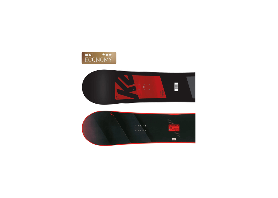 Economy rental snowboard displayed vertically, featuring a sleek black and red design with geometric patterns. Modern and sporty appearance.