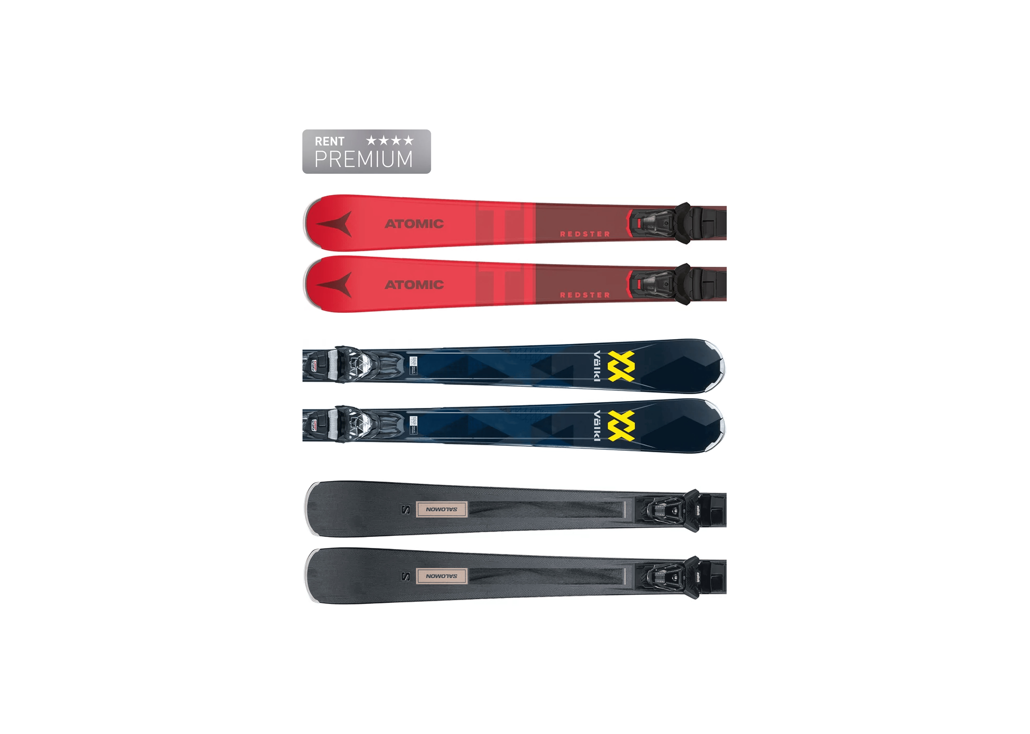 Drei Paar Ski sind vertikal ausgestellt. Das oberste Paar ist rot, das mittlere ist blau mit einem gelben Logo und das unterste ist schwarz und trägt die Aufschrift „Gent Premium“.