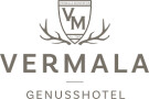 Logo des GenussHotels Vermala mit zwei sich überlappenden Herzumrissen in Beige, umgeben vom Schriftzug „GENUSSHOTEL VERMALA VERMALA MONTAFON” in Großbuchstaben.