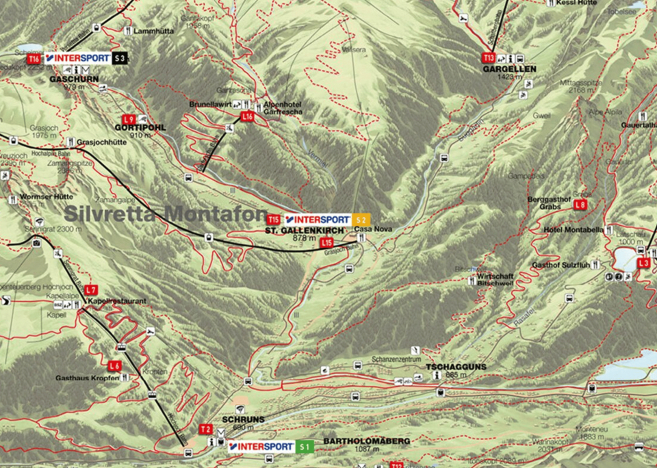 Map of Silvretta Montafon ski area, showing trails, lifts, and key locations like Gantier, Garfrescha, and St. Gallenkirch. Terrain appears mountainous.