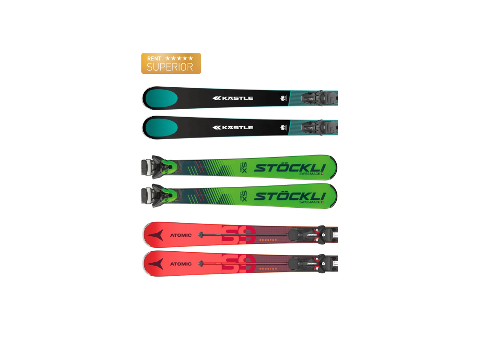 Three pairs of skis are vertically aligned. From top to bottom: black with teal accents, green with black details, and bright red with black elements.