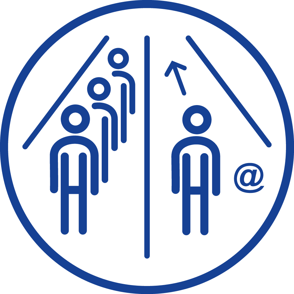 Blue icon: People in line, one person moving forward, representing customer service.