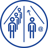 Blaues Symbol: Wartende Personen, eine Person bewegt sich vorwärts, was Kundenservice darstellt.