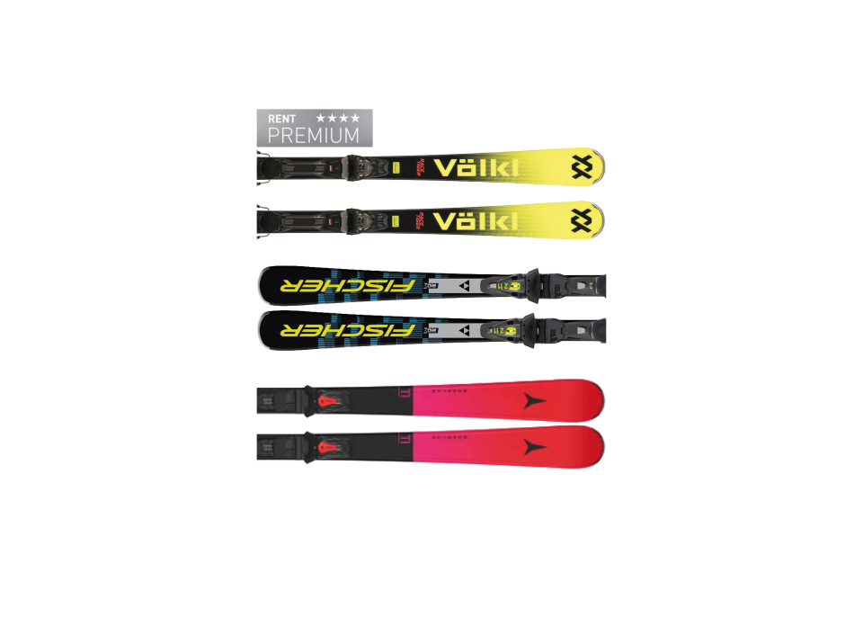 Drei Paar Ski sind vertikal ausgestellt. Das oberste Paar ist rot, das mittlere ist blau mit einem gelben Logo und das unterste ist schwarz und trägt die Aufschrift „Gent Premium“.